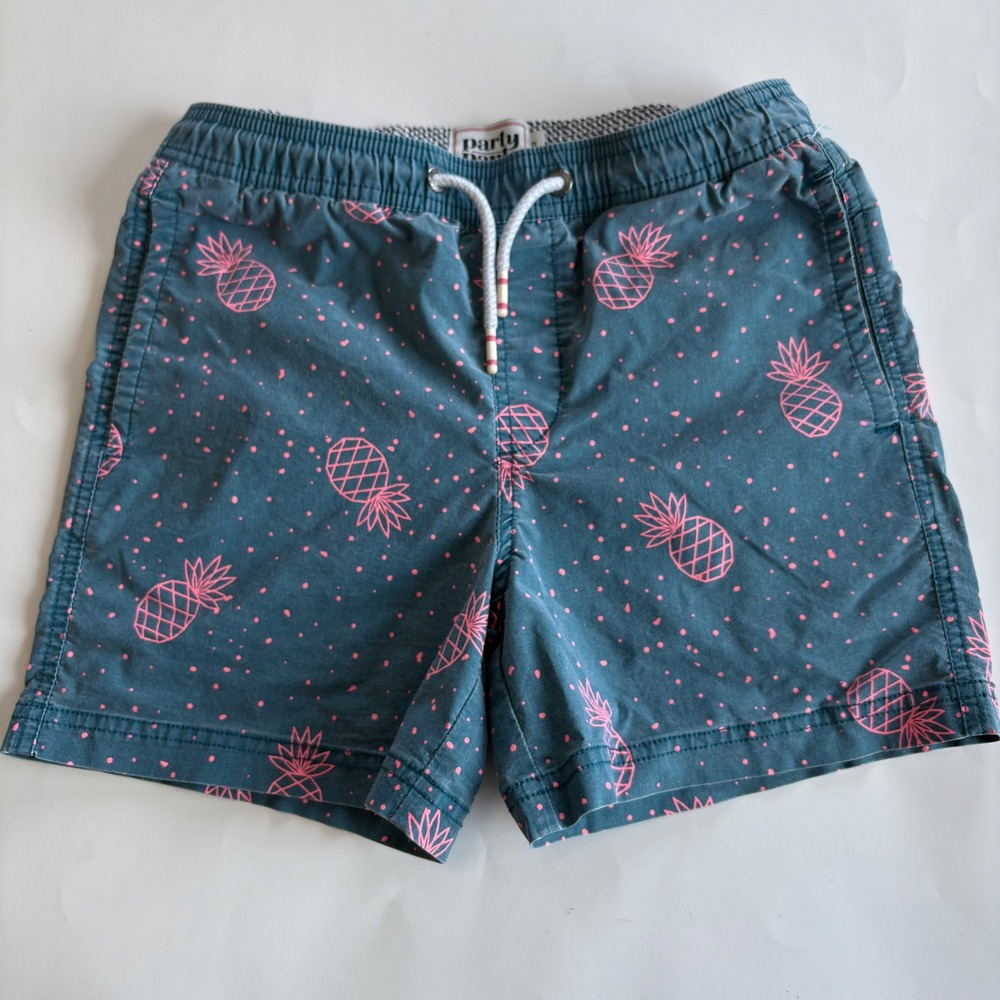 Party Pants Youth Large Swim Trunks Blue Pink Pineapple Print Shorts 3.75" Beach
